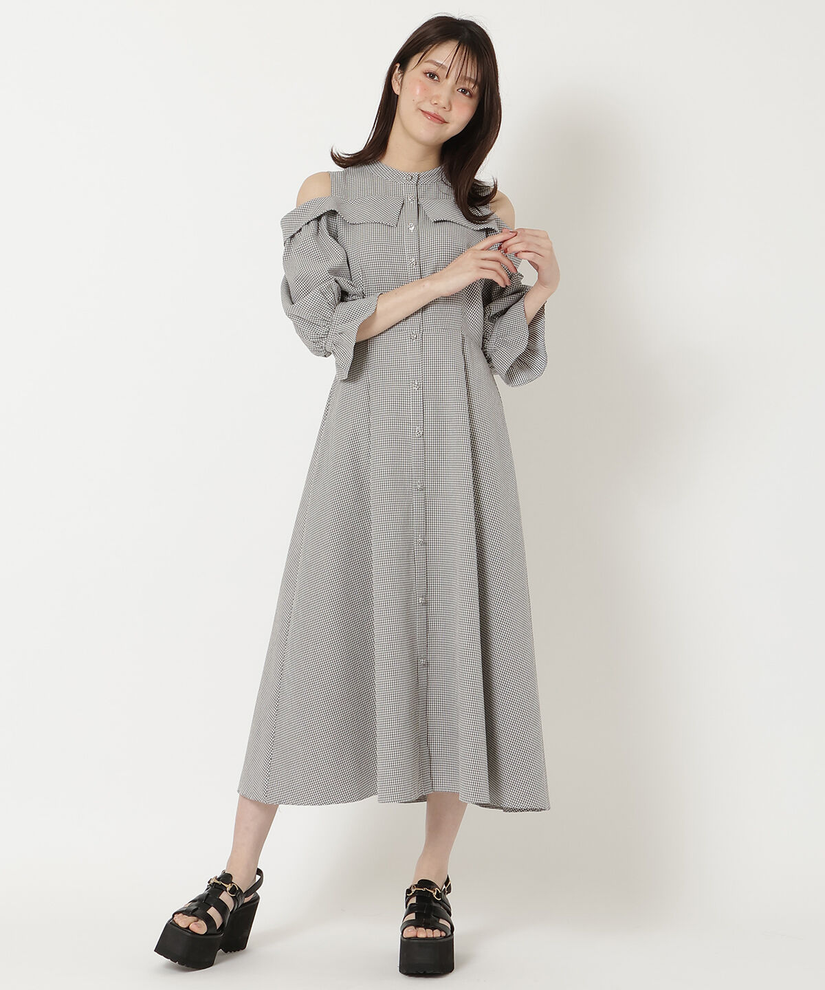 REDYAZEL「肩あきスタンドカラーワンピース」|ワンピース|ブラック