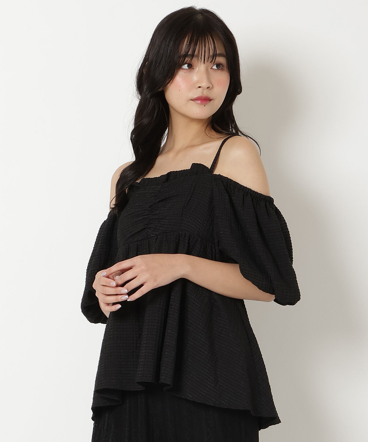 REDYAZEL「チェックオフショルトップス」|シャツ・ブラウス|ブラック