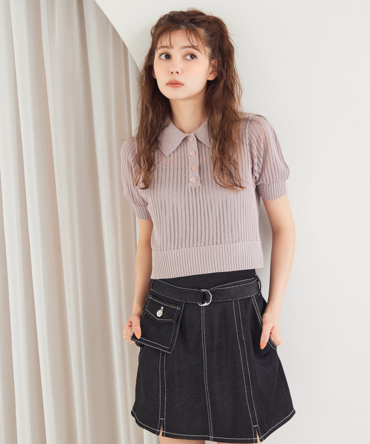 REDYAZEL「シアークロップドポロニットトップス」|ニット・セーター|ピンク