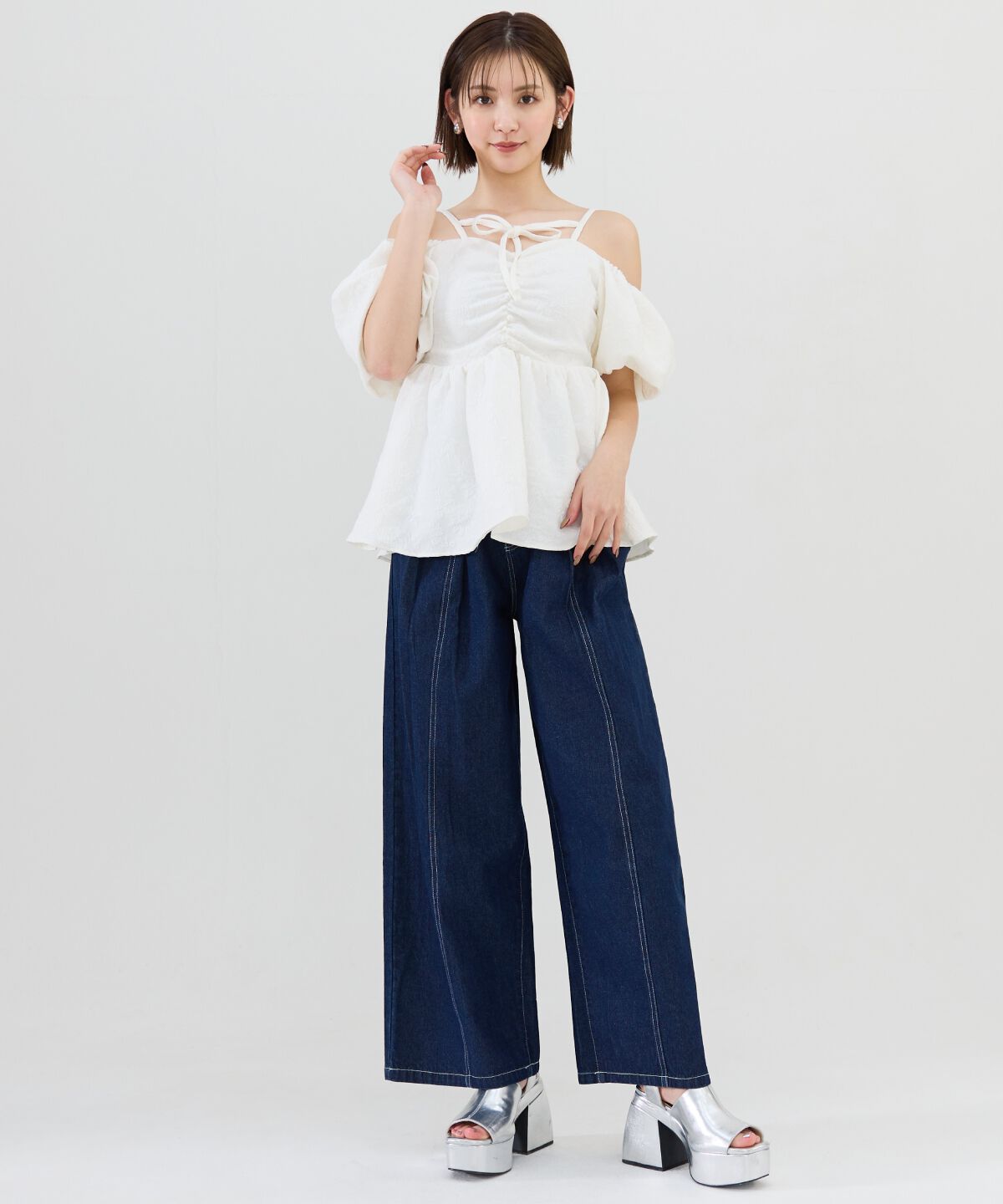 REDYAZEL「ロゴ刺繍タックデニムパンツ」|デニム|