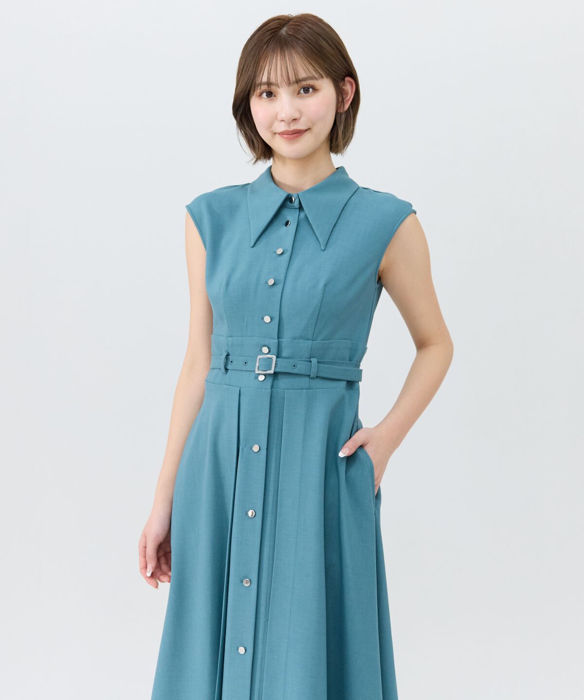 REDYAZEL「シャドーストライプノースリーブシャツワンピース」|ワンピース|グリーン