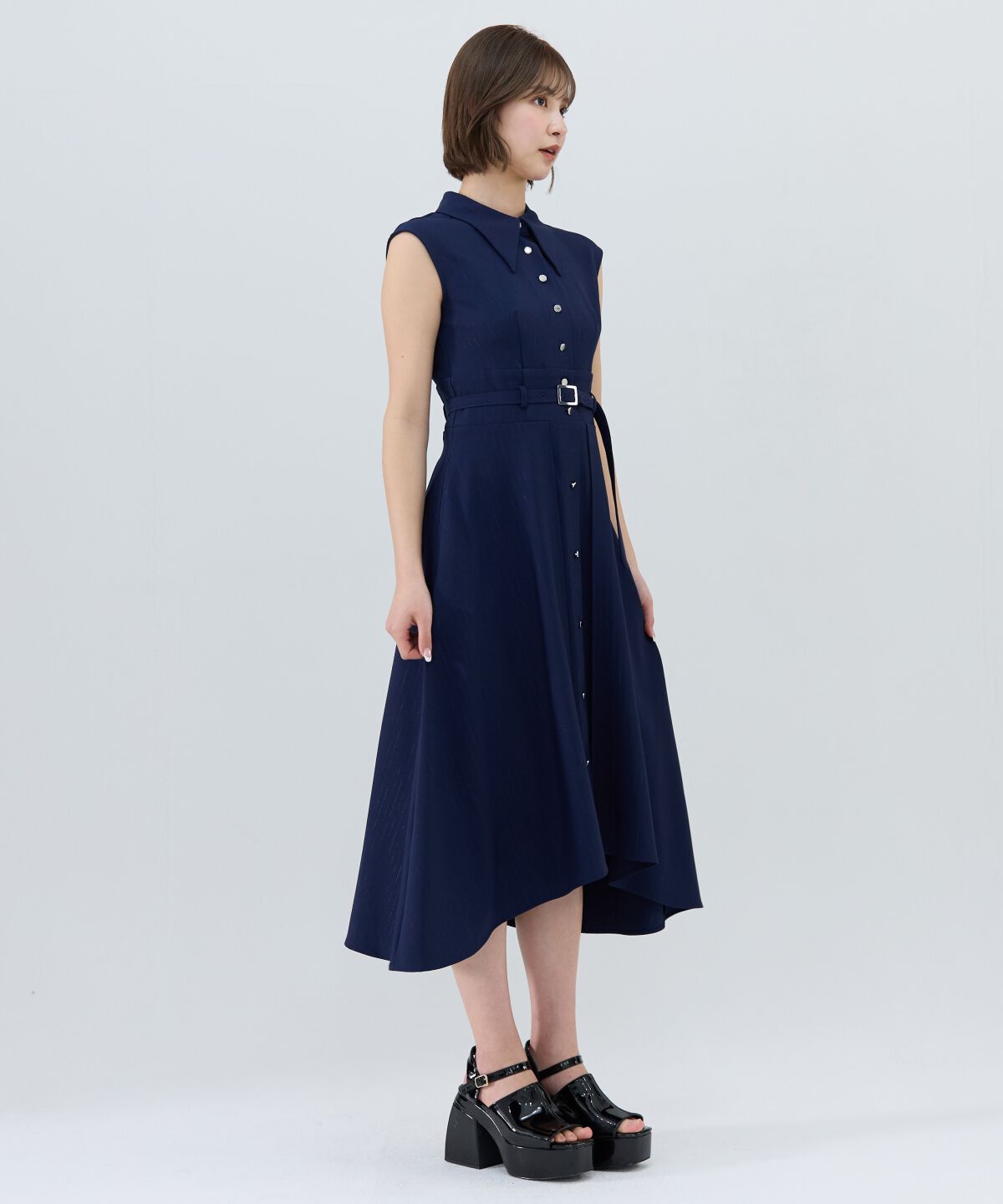 REDYAZEL「シャドーストライプノースリーブシャツワンピース」|ワンピース|