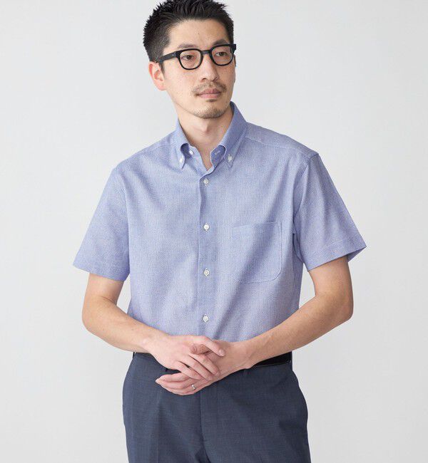 SHIPS「SHIPS: カラミ織り ボタンダウン 無地 半袖 シャツ」|シャツ・ブラウス|ネイビー