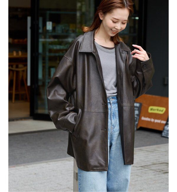 JOURNAL STANDARD「《追加》ウォッシャブルフェイクレザーファー襟付カバーオール」|ライダースジャケット|