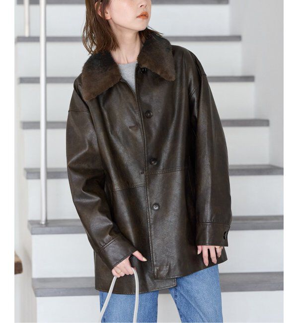 JOURNAL STANDARD「《追加》ウォッシャブルフェイクレザーファー襟付カバーオール」|ライダースジャケット|ブラウン