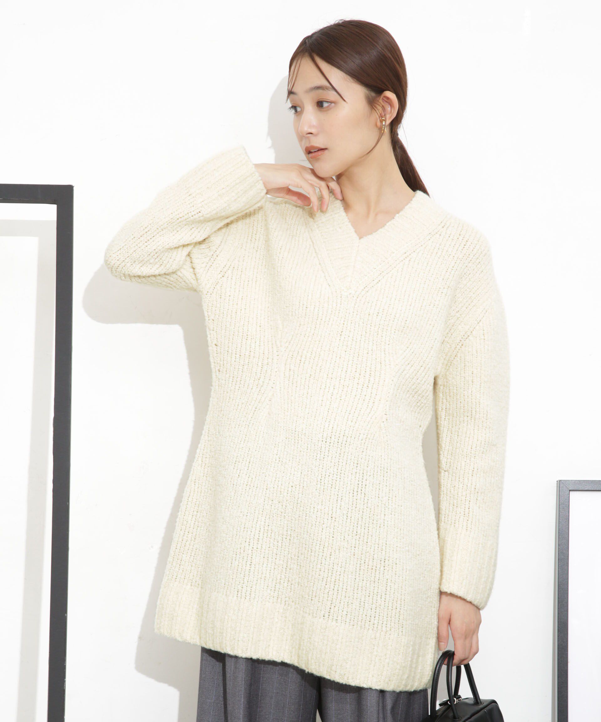 nano･universe「Vネックラメミックスロングニット」|ニット・セーター|オフホワイト1