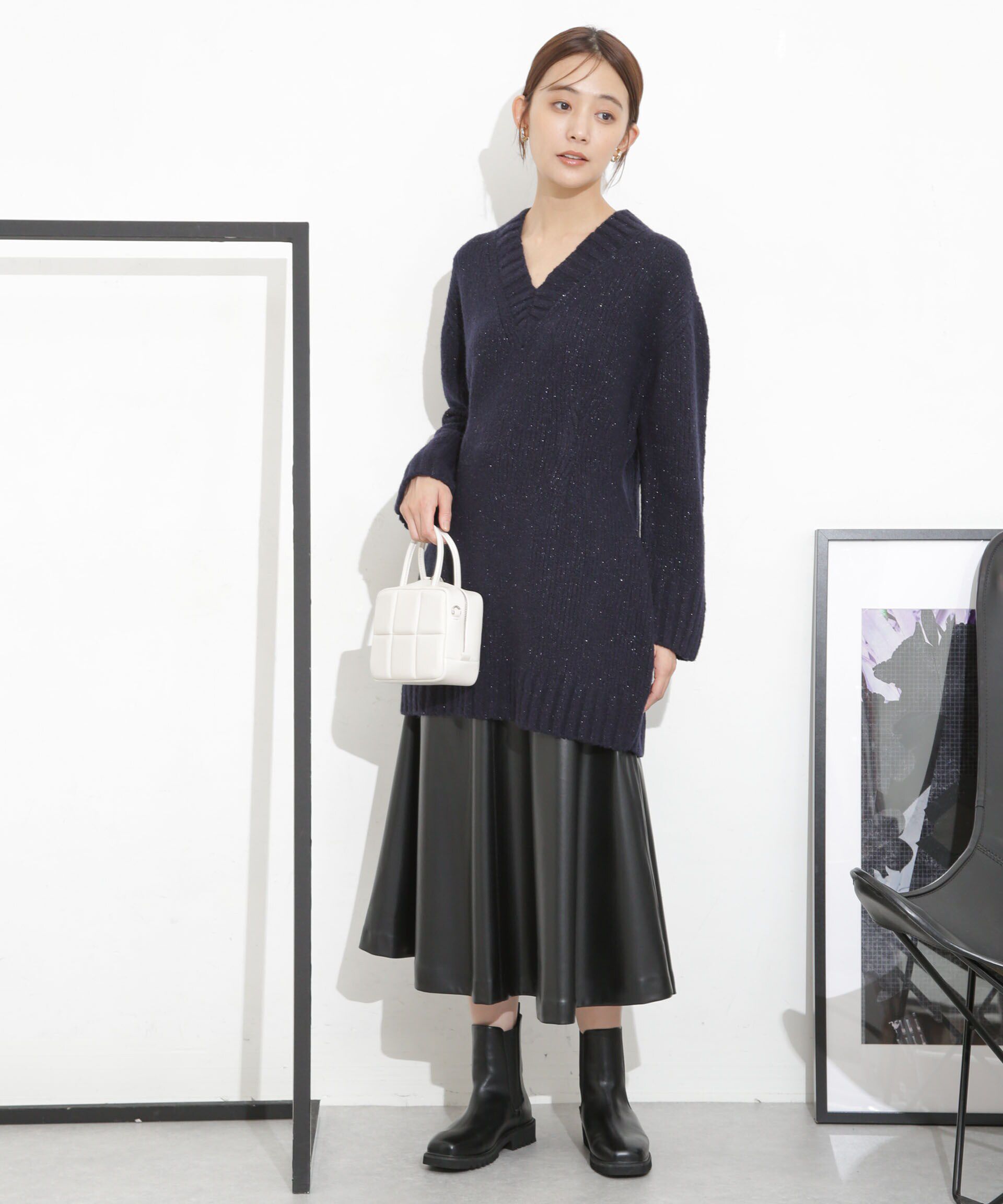 nano･universe「Vネックラメミックスロングニット」|ニット・セーター|