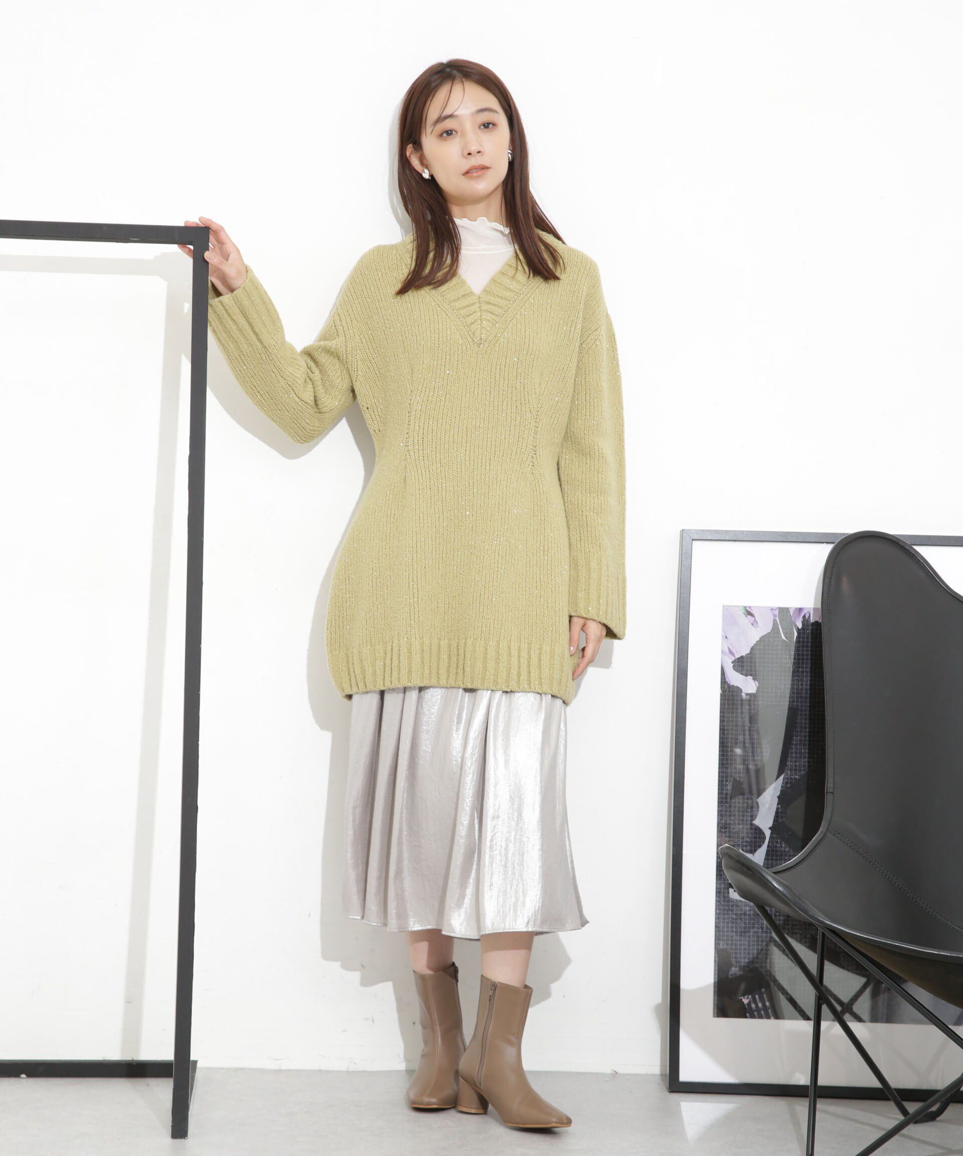 nano･universe「Vネックラメミックスロングニット」|ニット・セーター|