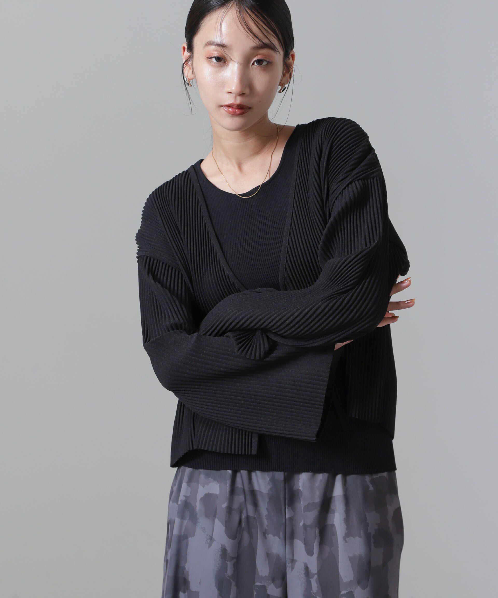 nano･universe「プリーツカット着流しカーディガン(セットアップ可)」|Tシャツ・カットソー|ブラック