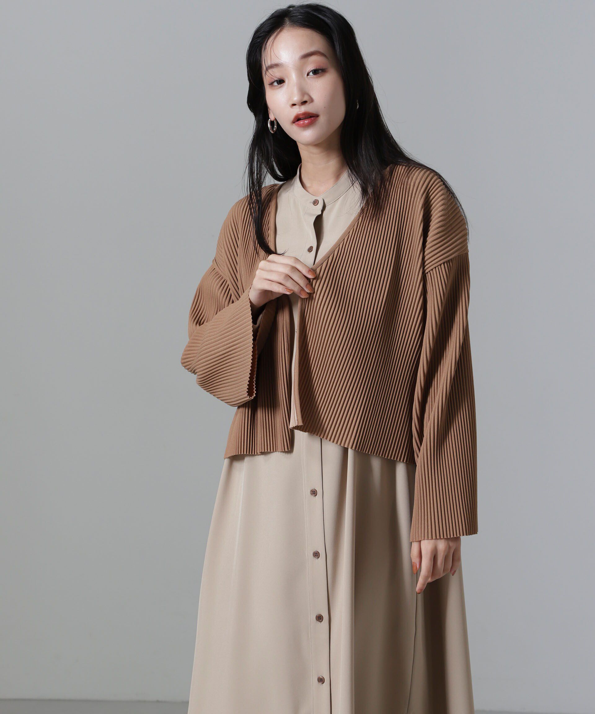 nano･universe「プリーツカット着流しカーディガン(セットアップ可)」|Tシャツ・カットソー|ベージュ
