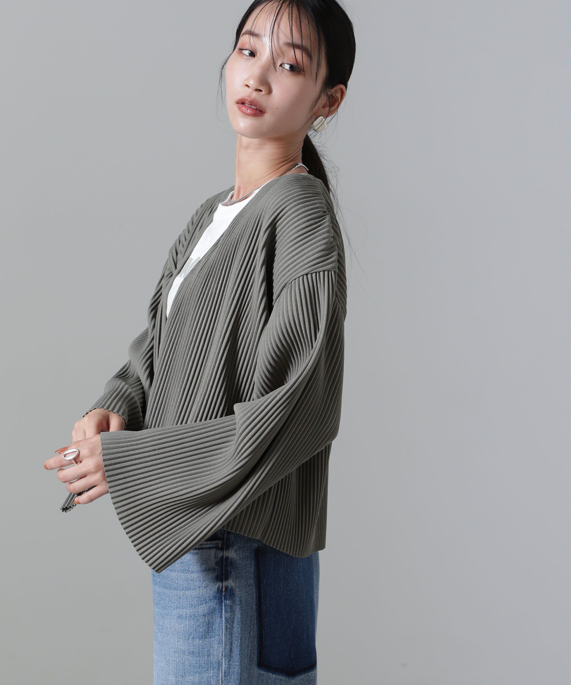 nano･universe「プリーツカット着流しカーディガン(セットアップ可)」|Tシャツ・カットソー|カーキ