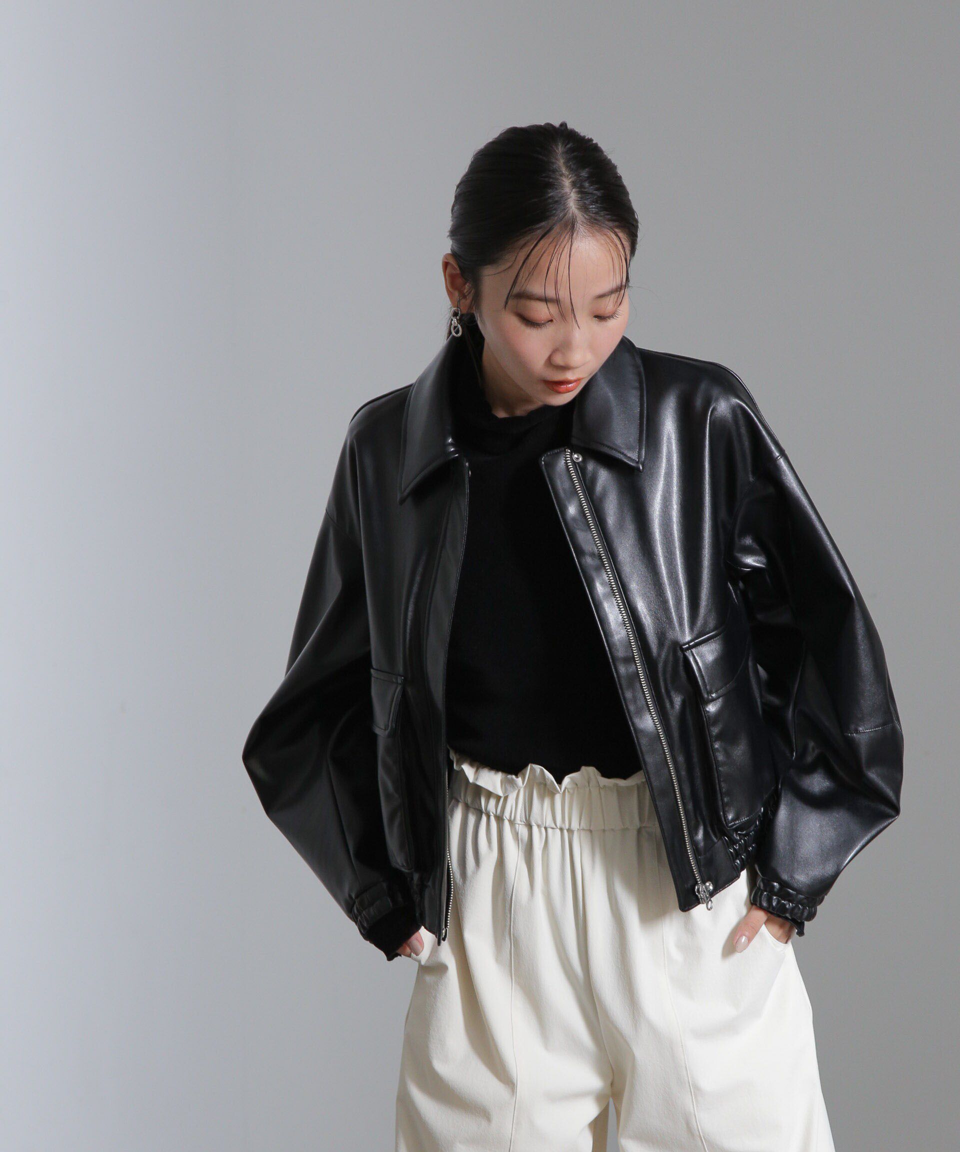 nano･universe「フェイクレザーショートブルゾン(セットアップ可)」|ブルゾン・スタジャン|