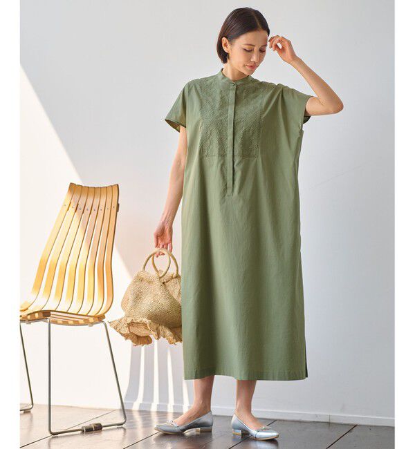 自由区「【洗える・XSサイズあり】ジオメトリックエンブロイダリーシャツ ワンピース」|ワンピース|カーキ系