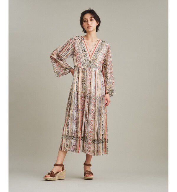  「ストライプイカットプリントワンピース」|ワンピース|