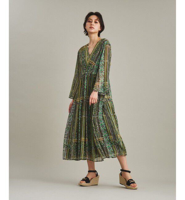  「ストライプイカットプリントワンピース」|ワンピース|カーキ