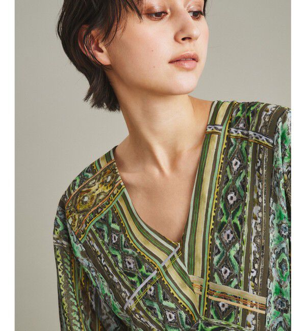  「ストライプイカットプリントワンピース」|ワンピース|