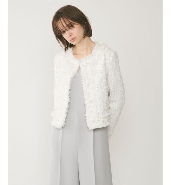 GRACE CONTINENTAL「フリンジツイードジャケット」|ノーカラージャケット|ホワイト