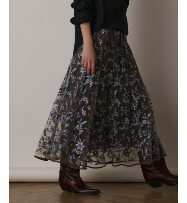 GRACE CONTINENTAL「サラサ刺繍チュールスカート」|スカート|カーキ