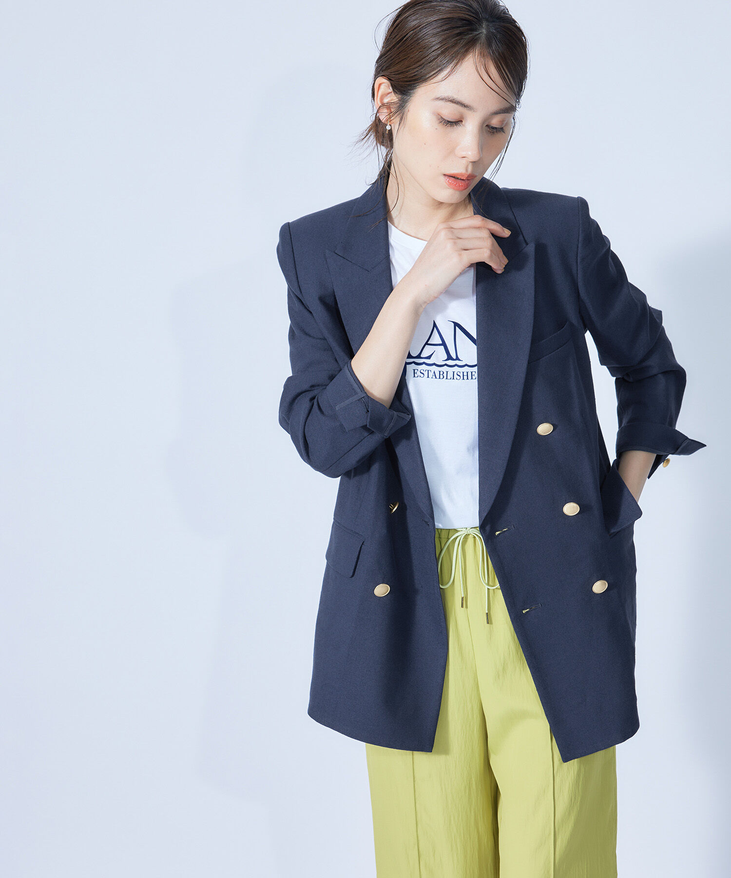 ROPE「麻混ストレッチカーディ紺ブレザー」|テーラードジャケット|ネイビー(40)