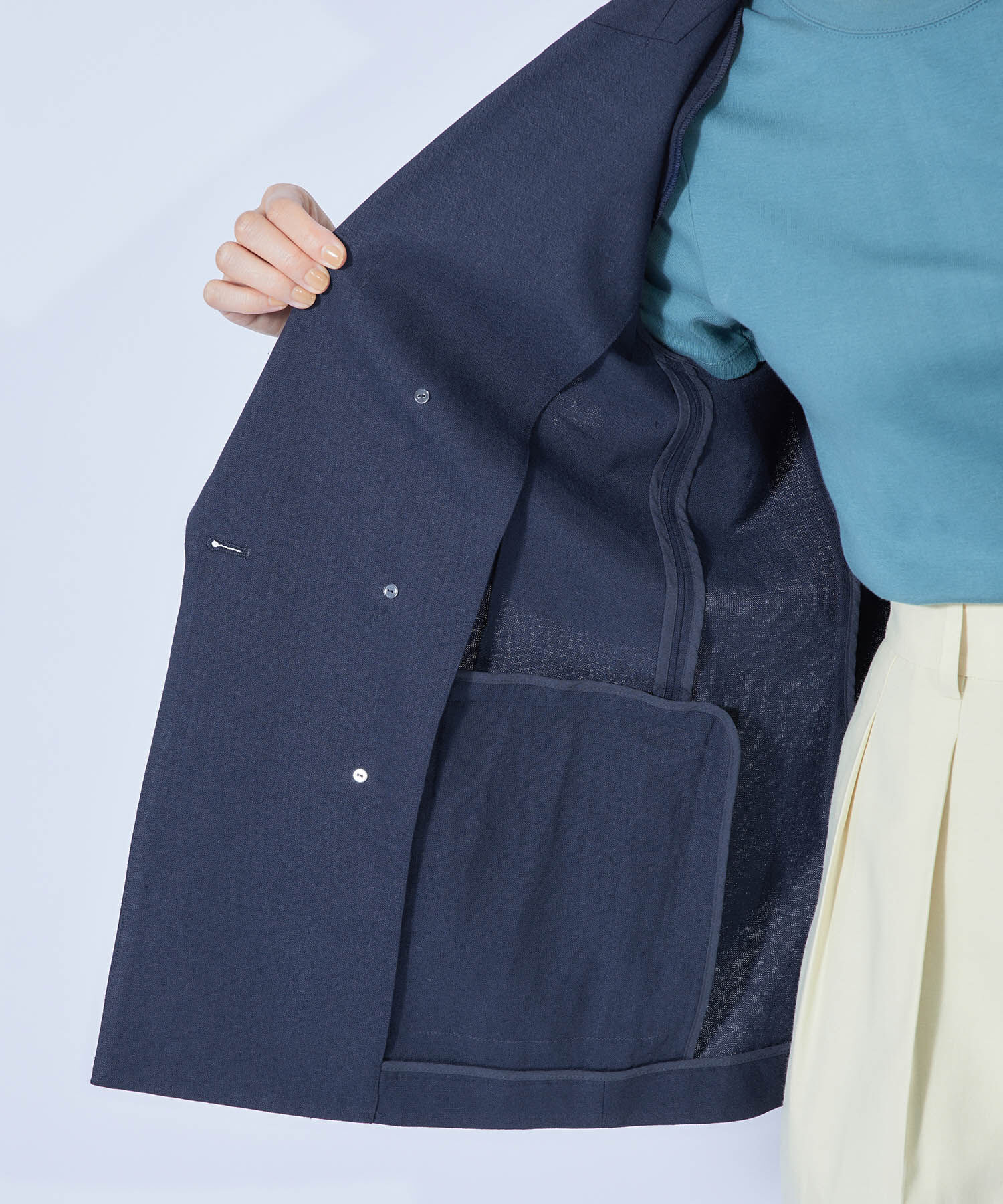 ROPE「麻混ストレッチカーディ紺ブレザー」|テーラードジャケット|