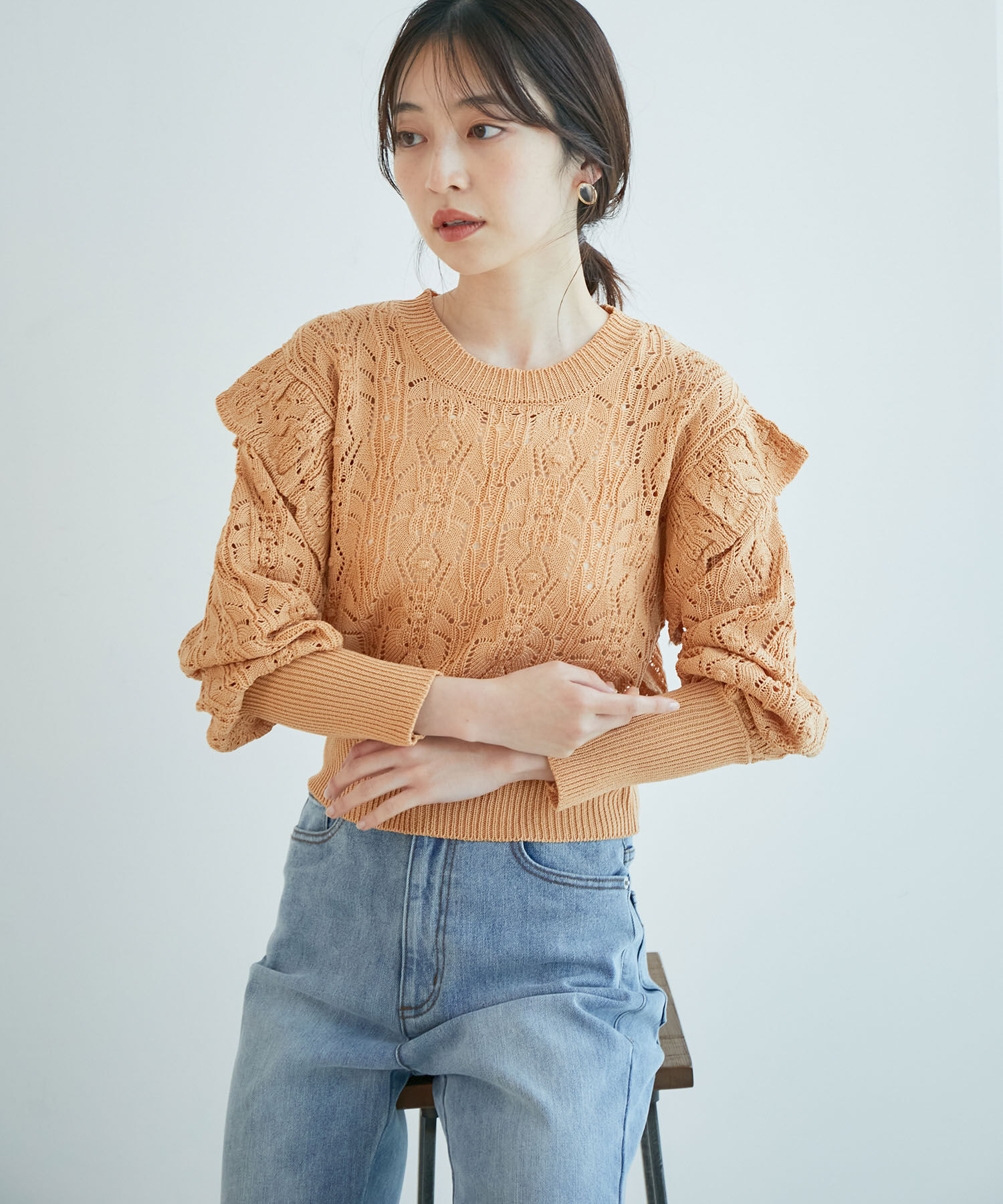 VIS「カギ編みポップコーンラッフルショルダーニット」|ニット・セーター|