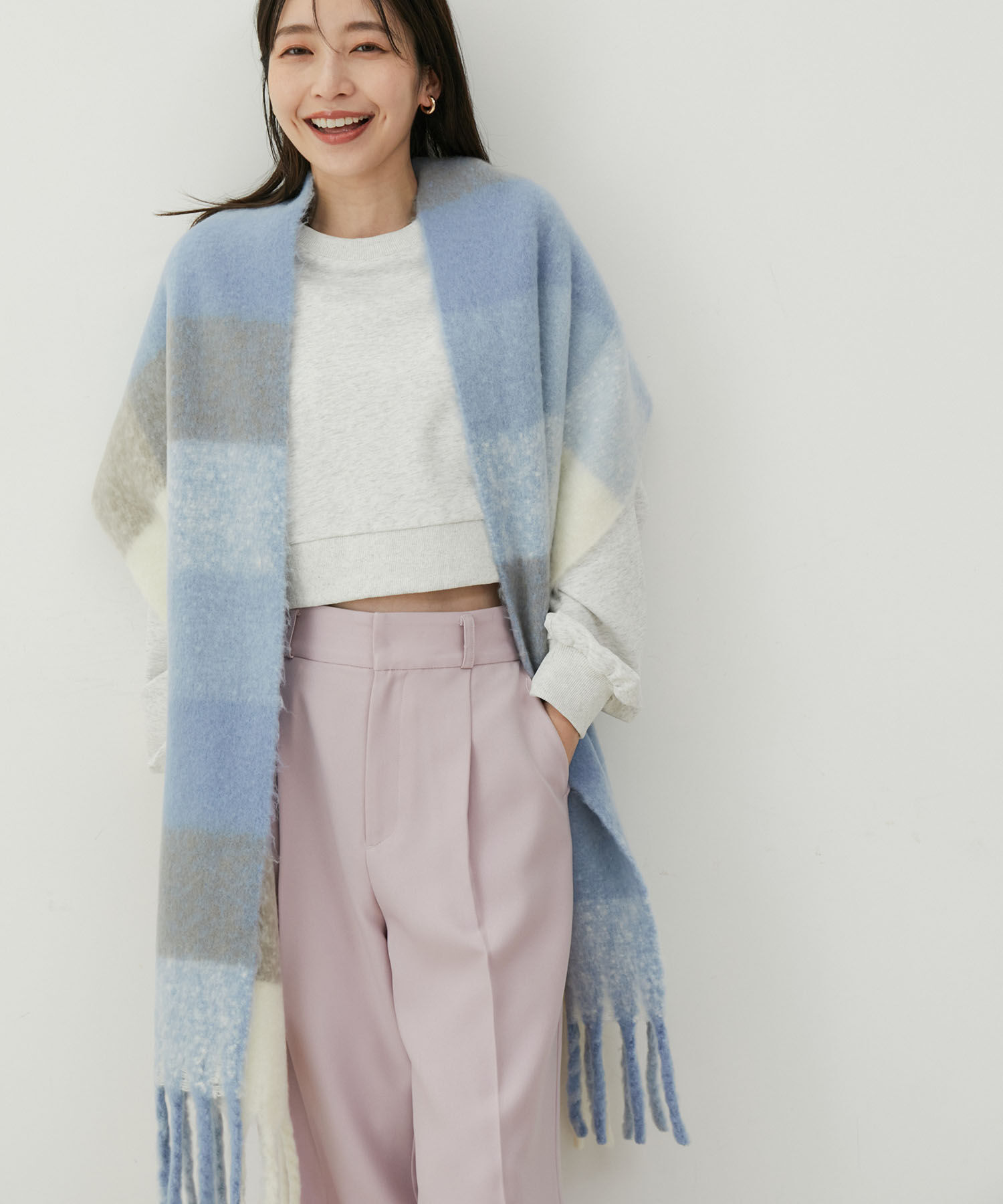 VIS「【リサイクルポリ】ブロックチェック太フリンジマフラー」|マフラー|ブルー系(45)