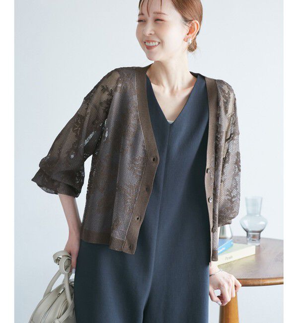 Rope&rsquo;Picnic「透かし編み花柄Vネックカーディガン」|カーディガン|