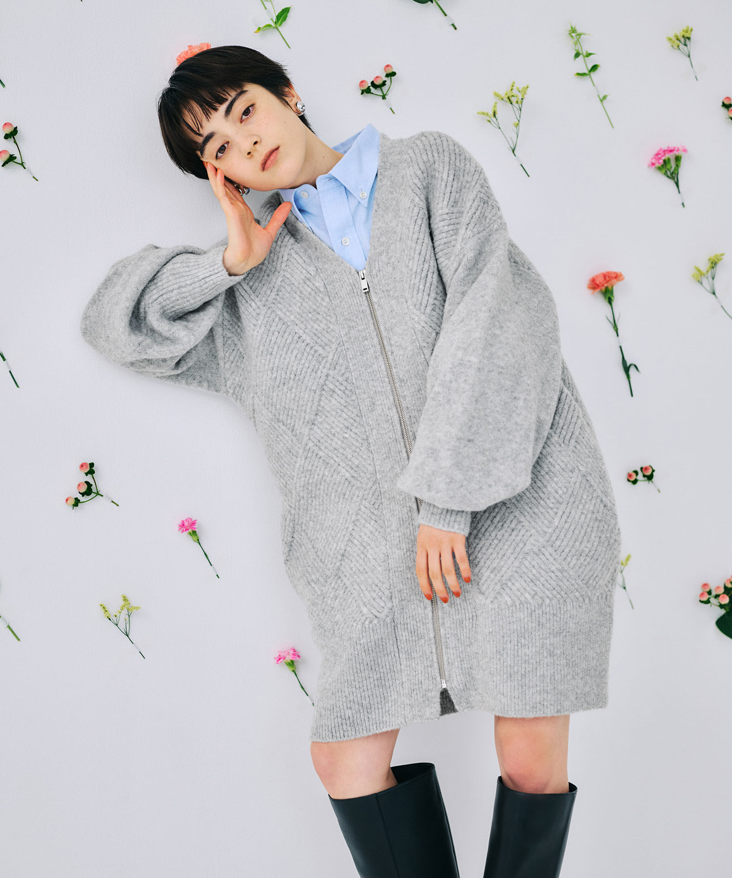 ADAM ET ROPE'「【WEB限定】柄ニットジップカーディガンミニワンピース」|カーディガン|ライトグレー(08)