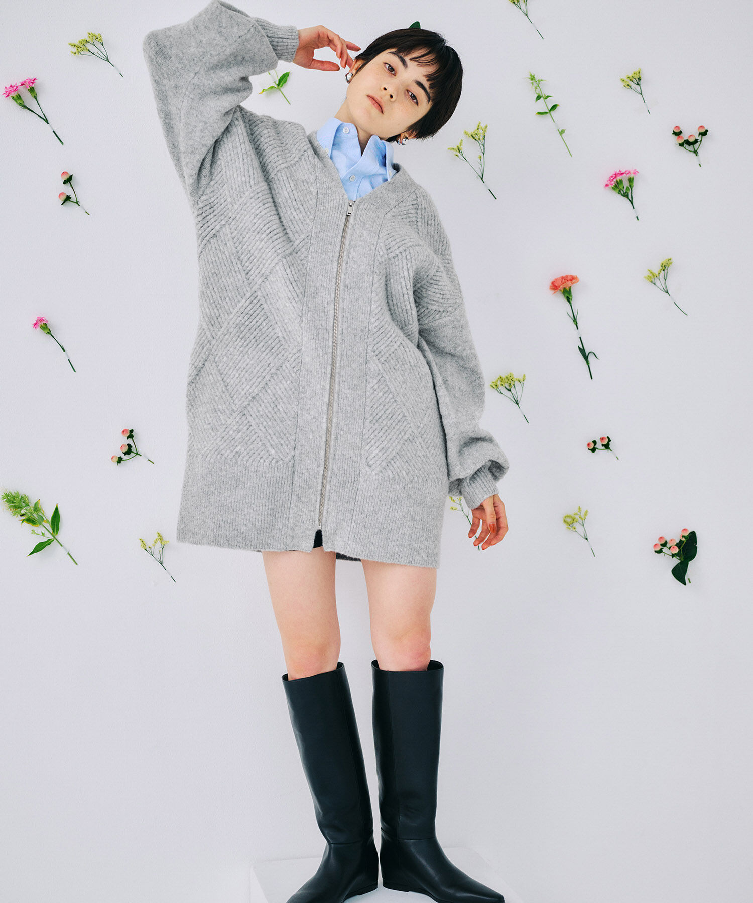 ADAM ET ROPE'「【WEB限定】柄ニットジップカーディガンミニワンピース」|カーディガン|