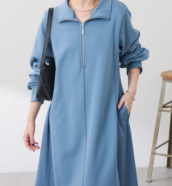  「異素材ドッキングハーフジップワンピース」|ワンピース|