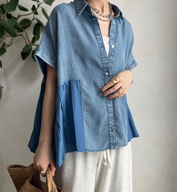  「【WEB限定】 リヨセルデニムプリーツ切替シャツ」|シャツ・ブラウス|