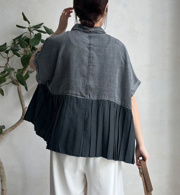  「【WEB限定】 リヨセルデニムプリーツ切替シャツ」|シャツ・ブラウス|ブラック