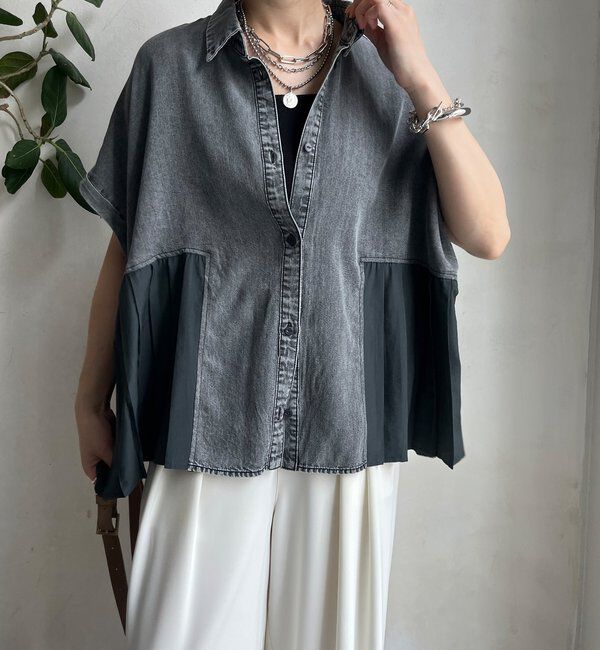  「【WEB限定】 リヨセルデニムプリーツ切替シャツ」|シャツ・ブラウス|