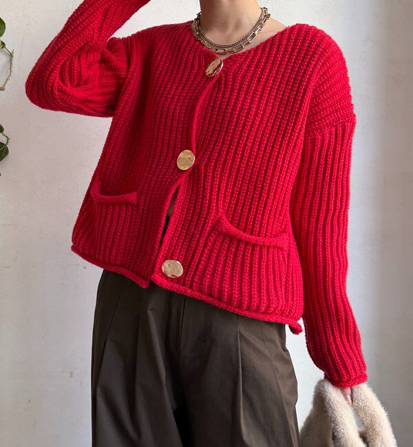  「メタルビッグボタンローゲージカーディガン」|カーディガン|レッド