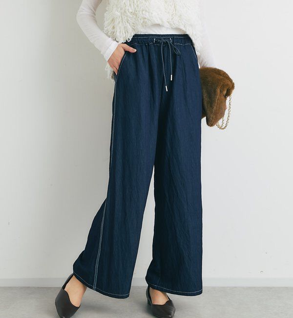  「《楽な履き心地》シャイニーデニムワイドパンツ」|デニム|