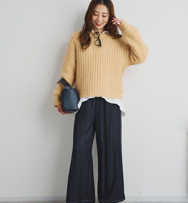  「《楽な履き心地》シャイニーデニムワイドパンツ」|デニム|