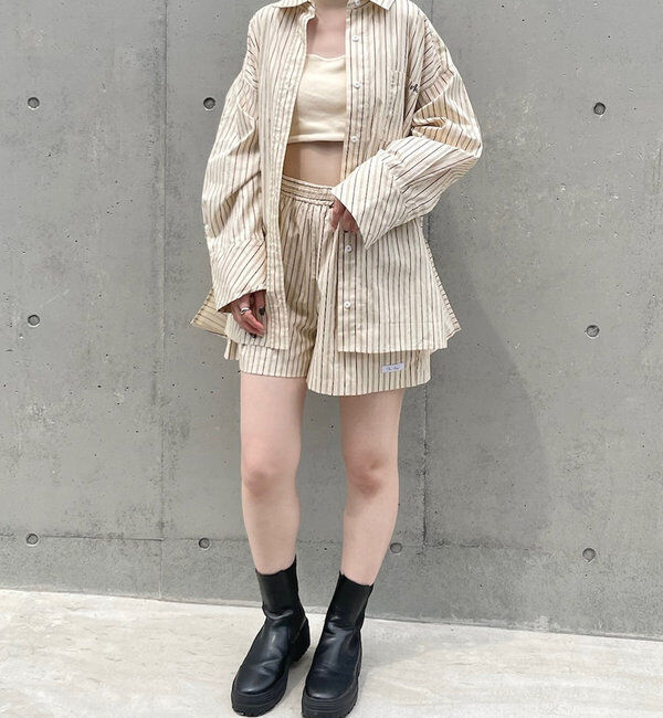  「[mline]ロゴストライプショートパンツ」|チノ|