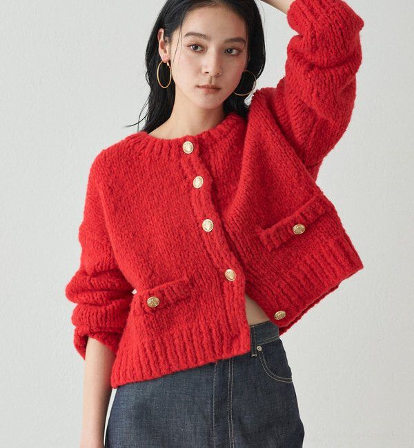  「【20周年限定】イタリアヤーン手編みニットカーデ」|ニット・セーター|レッド
