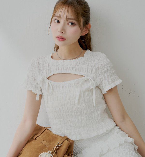  「【6色展開】フロントリボンボレロデザインT」|Tシャツ・カットソー|ホワイト