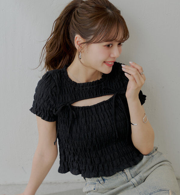  「【6色展開】フロントリボンボレロデザインT」|Tシャツ・カットソー|ブラック