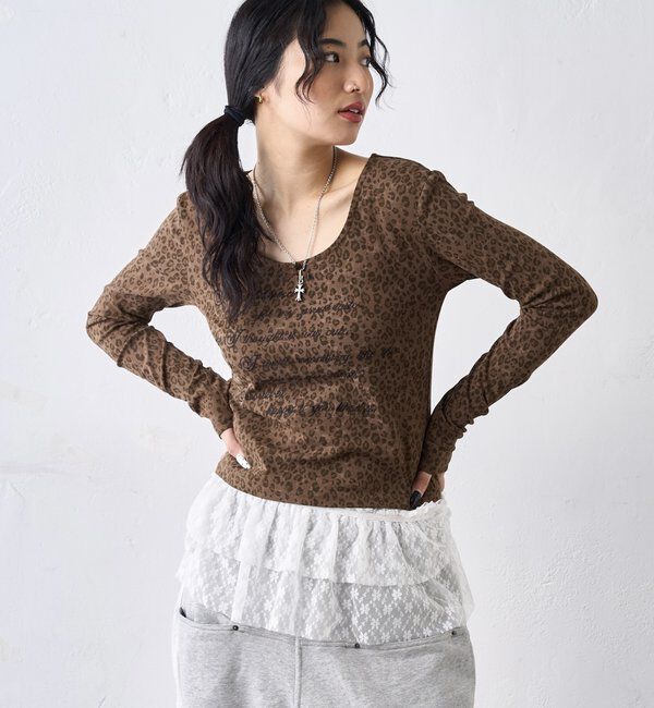  「レオパード(ヒョウ柄)メッセージトップス」|Tシャツ・カットソー|ブラウン