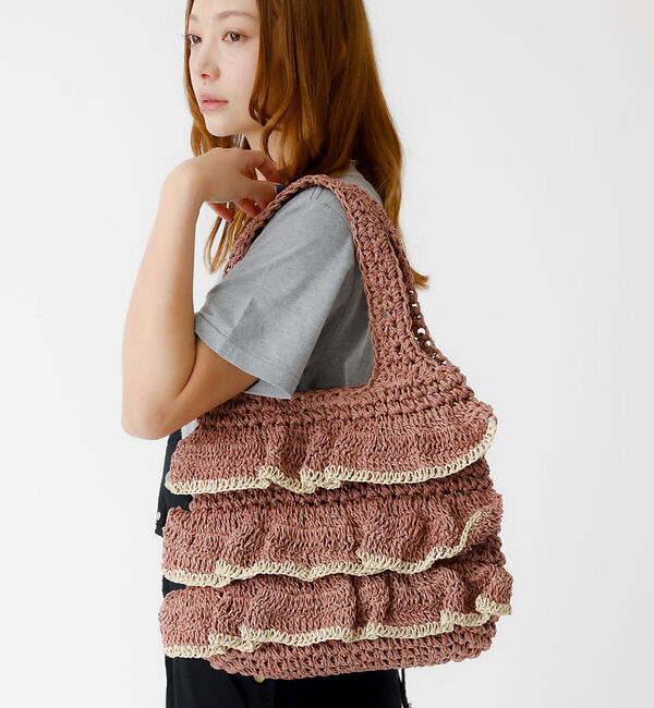 Rouge vif「バイカラー ペーパーフリル トートバッグ / 雑材バッグ」|トートバッグ|ピンク