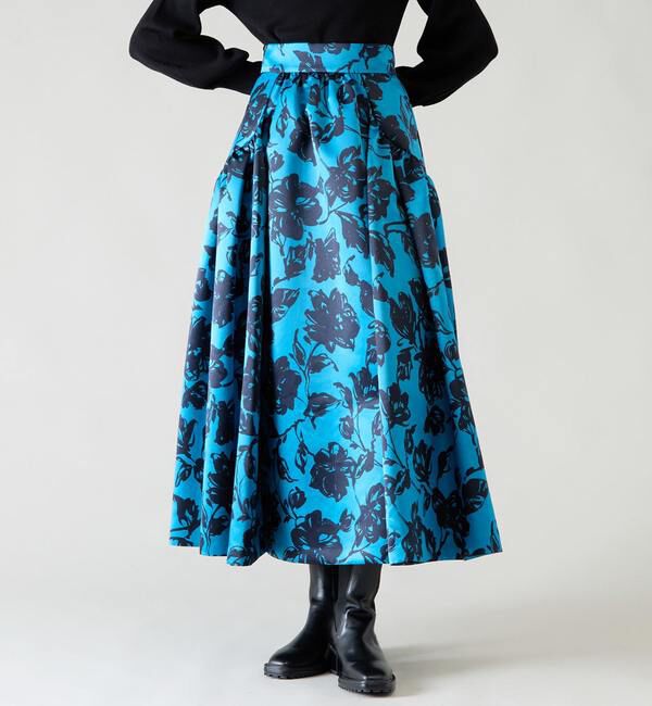 TIARA「シルエットフラワープリントサイドギャザーフレアスカート」|スカート|ターコイズ