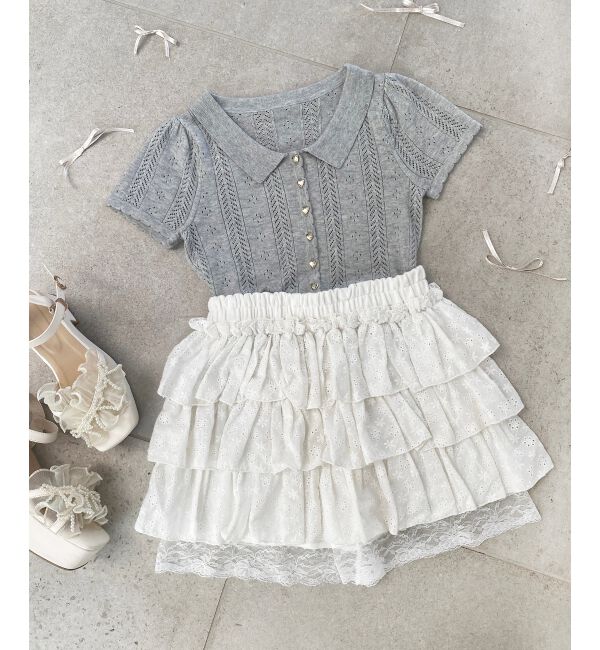  「ウエストリブ裾レースフリルミニスカート」|スカート|