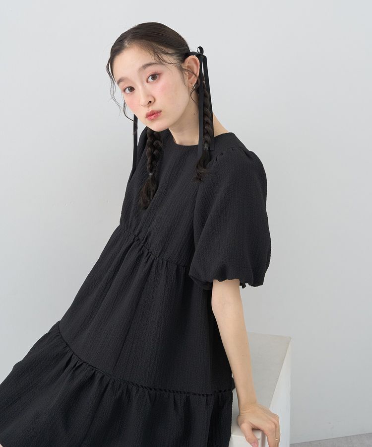 earth music&ecology「バックリボンパフスリーブミニワンピース」|ワンピース|