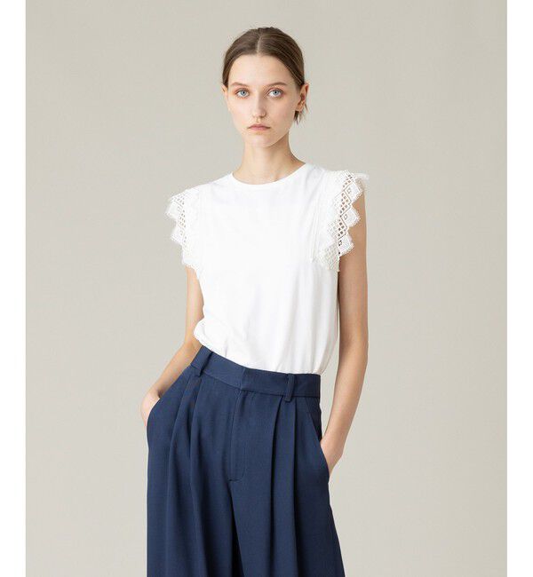 LOULOU WILLOUGHBY「【LOULOU WILLOUGHBY】レーストリミングTシャツ」|Tシャツ・カットソー|オフホワイト