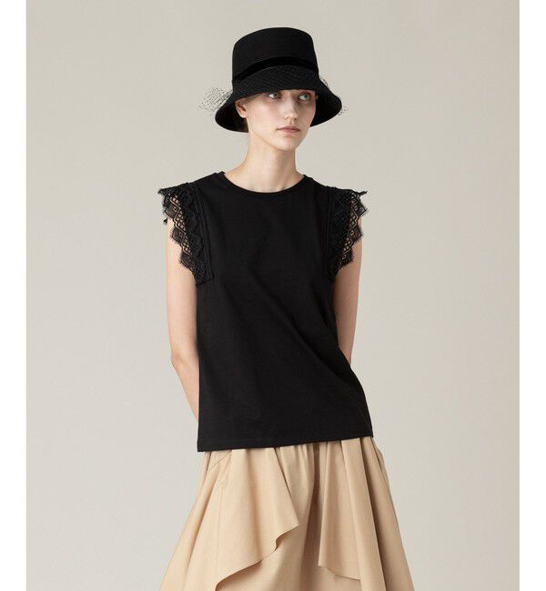 LOULOU WILLOUGHBY「【LOULOU WILLOUGHBY】レーストリミングTシャツ」|Tシャツ・カットソー|ブラック