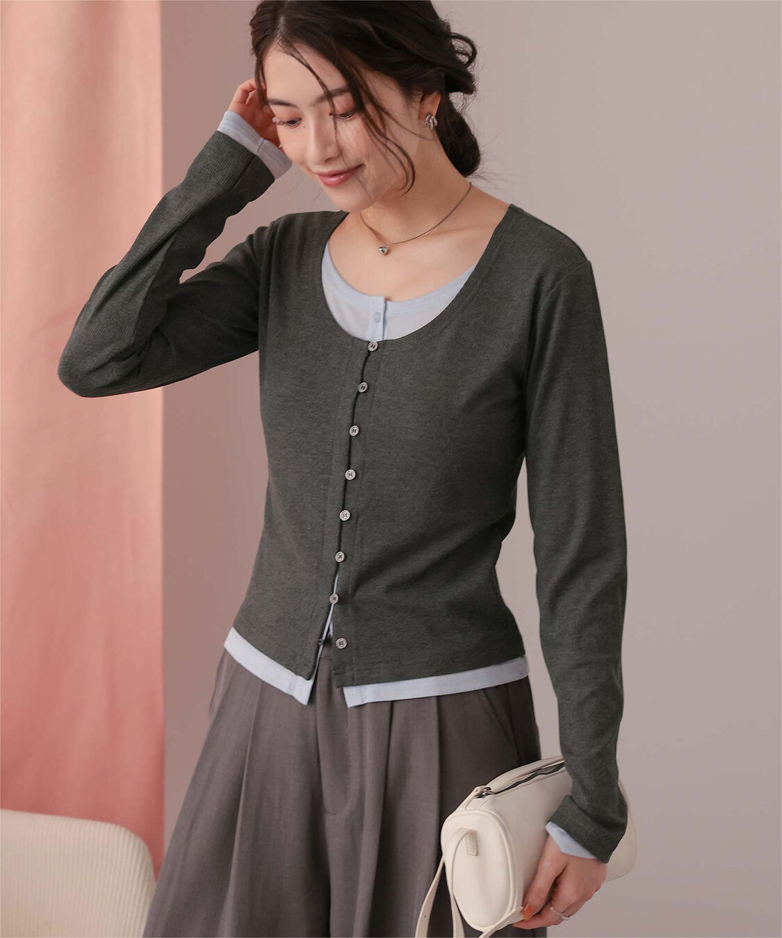 titivate「レイヤード風リブカットソートップス」|Tシャツ・カットソー|チャコール