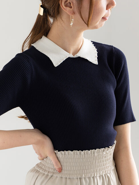 Te chichi「パールトリミングカラー5分袖ニット」|ニット・セーター|ネイビー