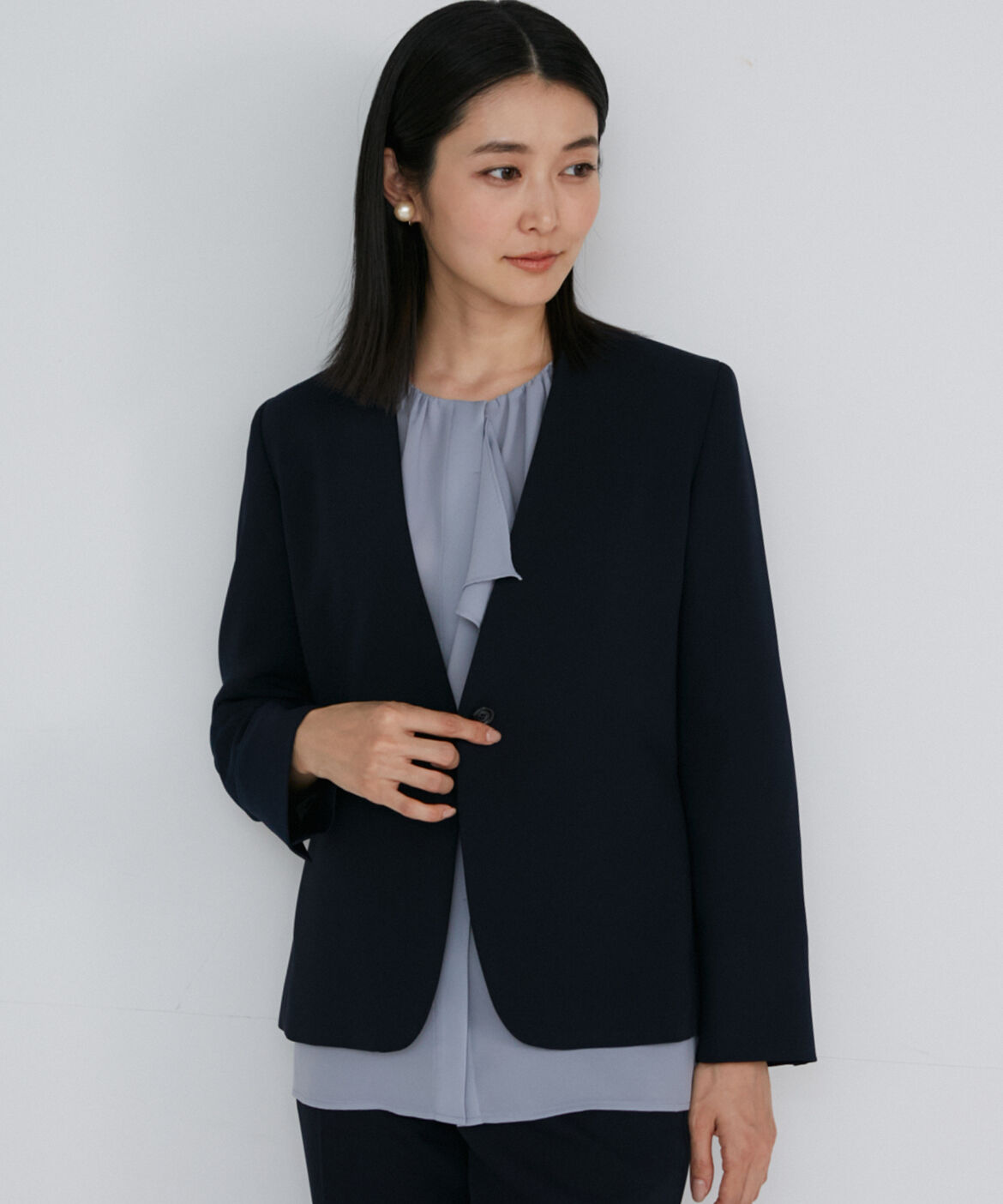 INED「カラーレスジャケット」|ノーカラージャケット|ネイビー